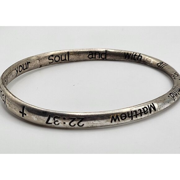 Matthew 22:37 Scripture Bangle Bracelet Silver tone 2.75in - Picture 1 of 5